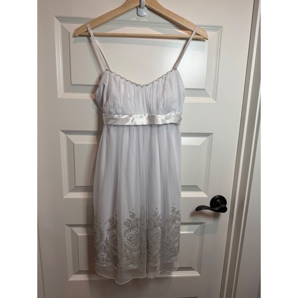 White  Embroidered Empire Waist Mesh Mini Dress Back Tie Homecoming S Y2K Fairy